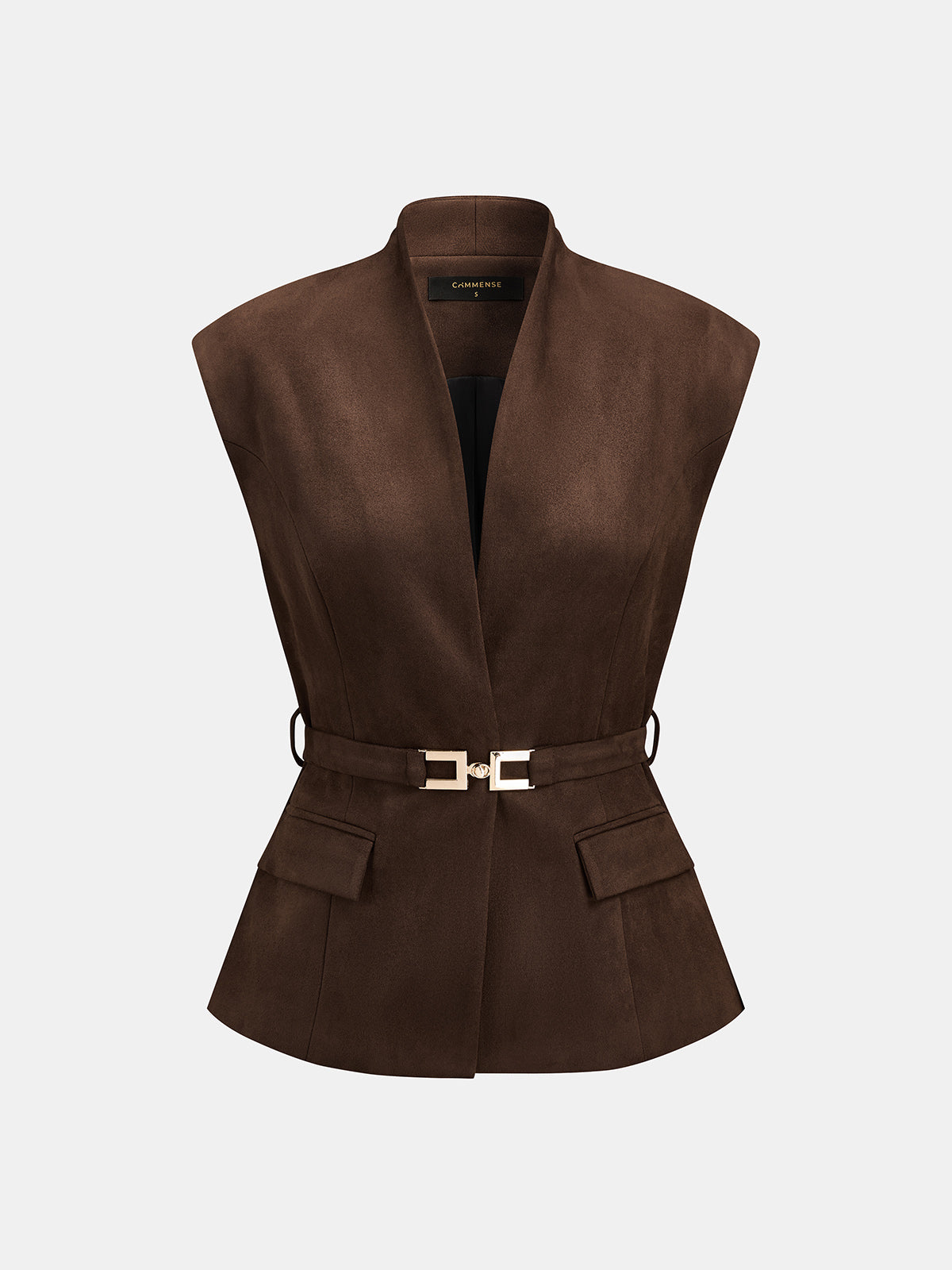 Suede Effect Stand Collar Belted Vest with Adjustable Waist Tie