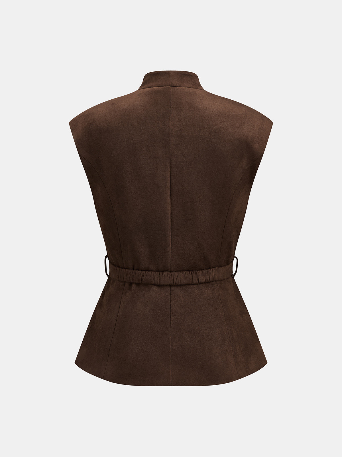 Suede Effect Stand Collar Belted Vest with Adjustable Waist Tie