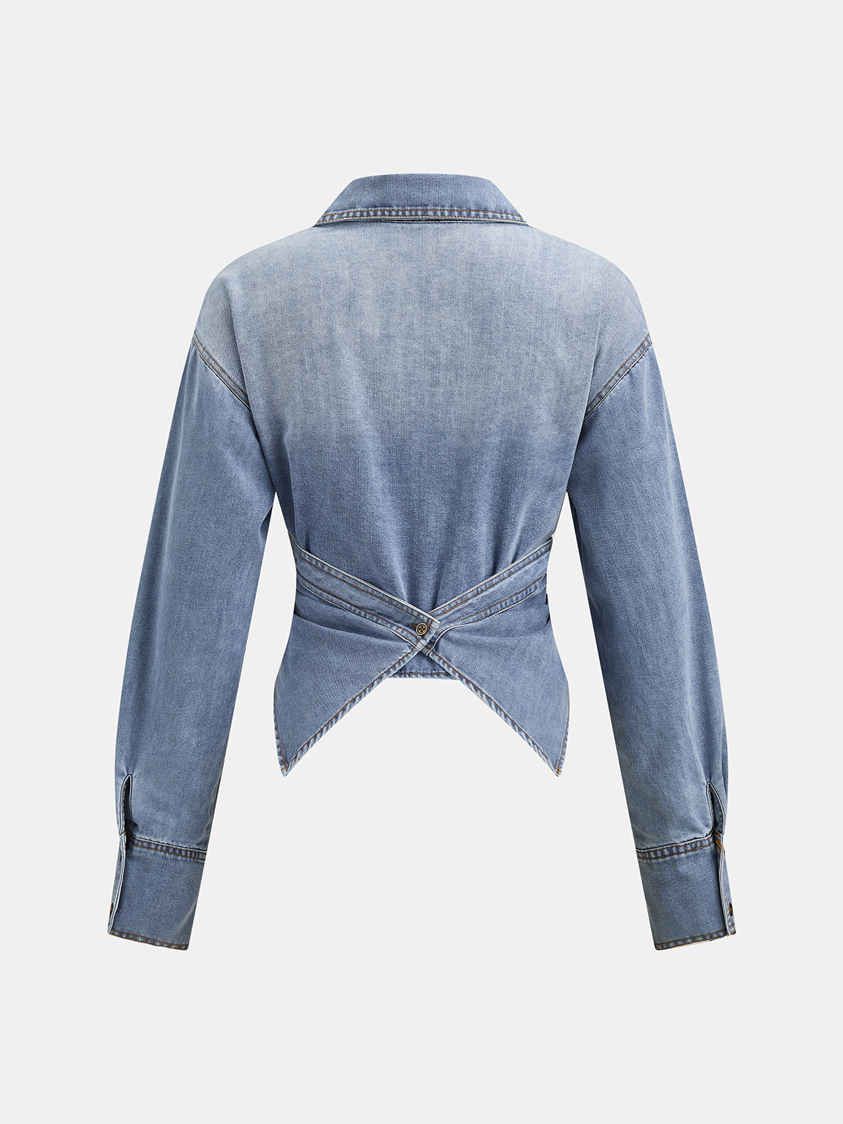 Cross-Waist Long Sleeve Denim Shirt for Women, Casual Style Comfort Fit