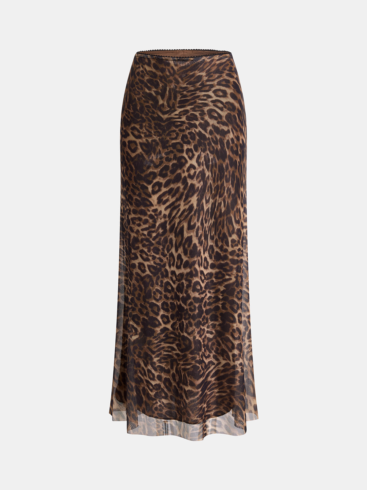 Leopard Print Mesh Maxi Skirt with High Waist Design