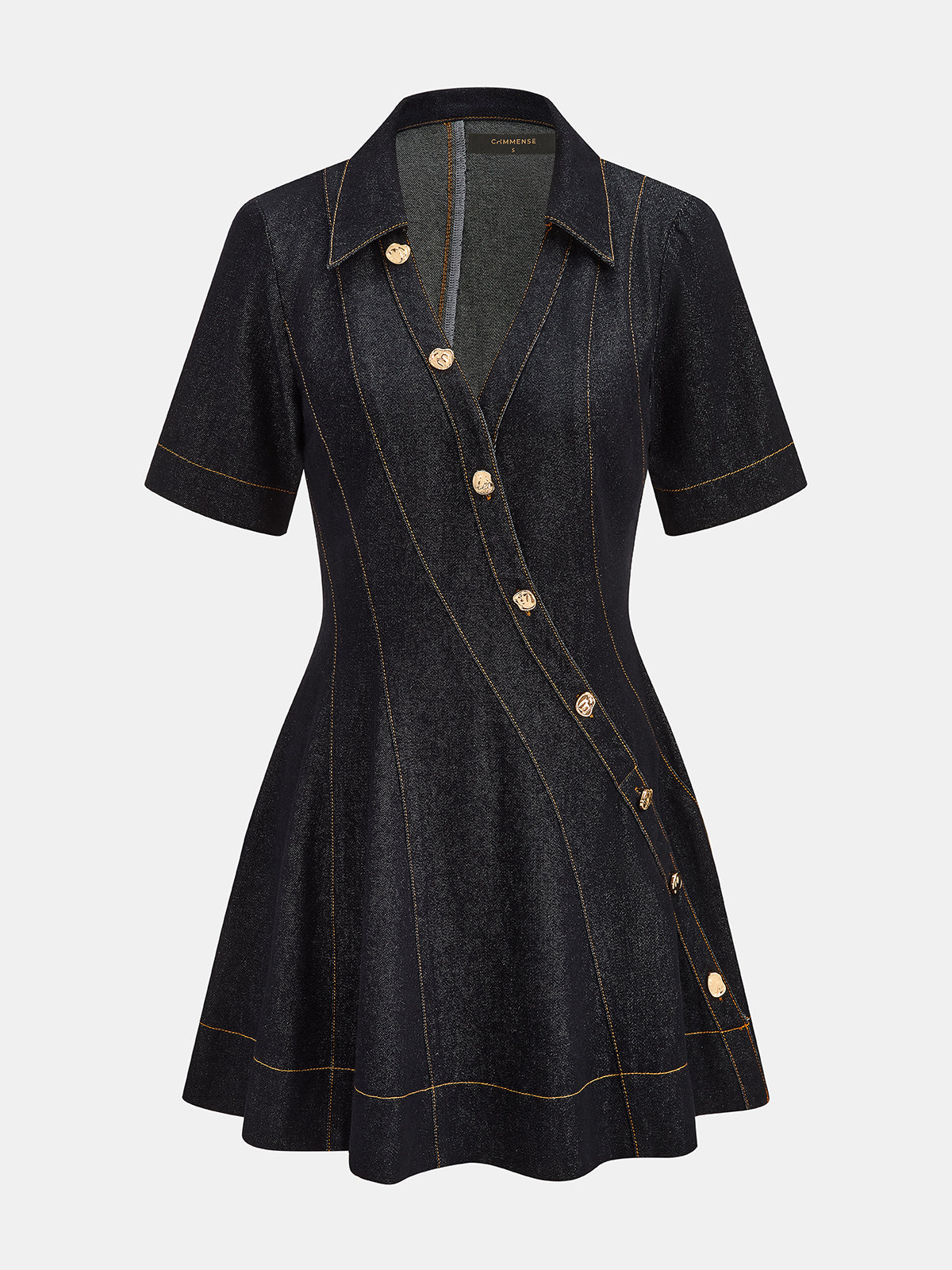 Diagonal Button Short-Sleeve Denim Flare Dress for Women Casual Summer Style