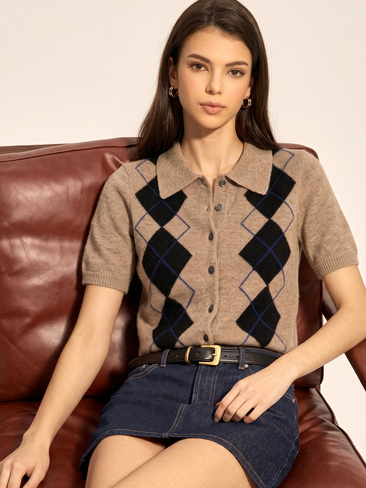 Argyle Short Sleeve Collared Knit Cardigan, Stylish Casual Spring Outerwear