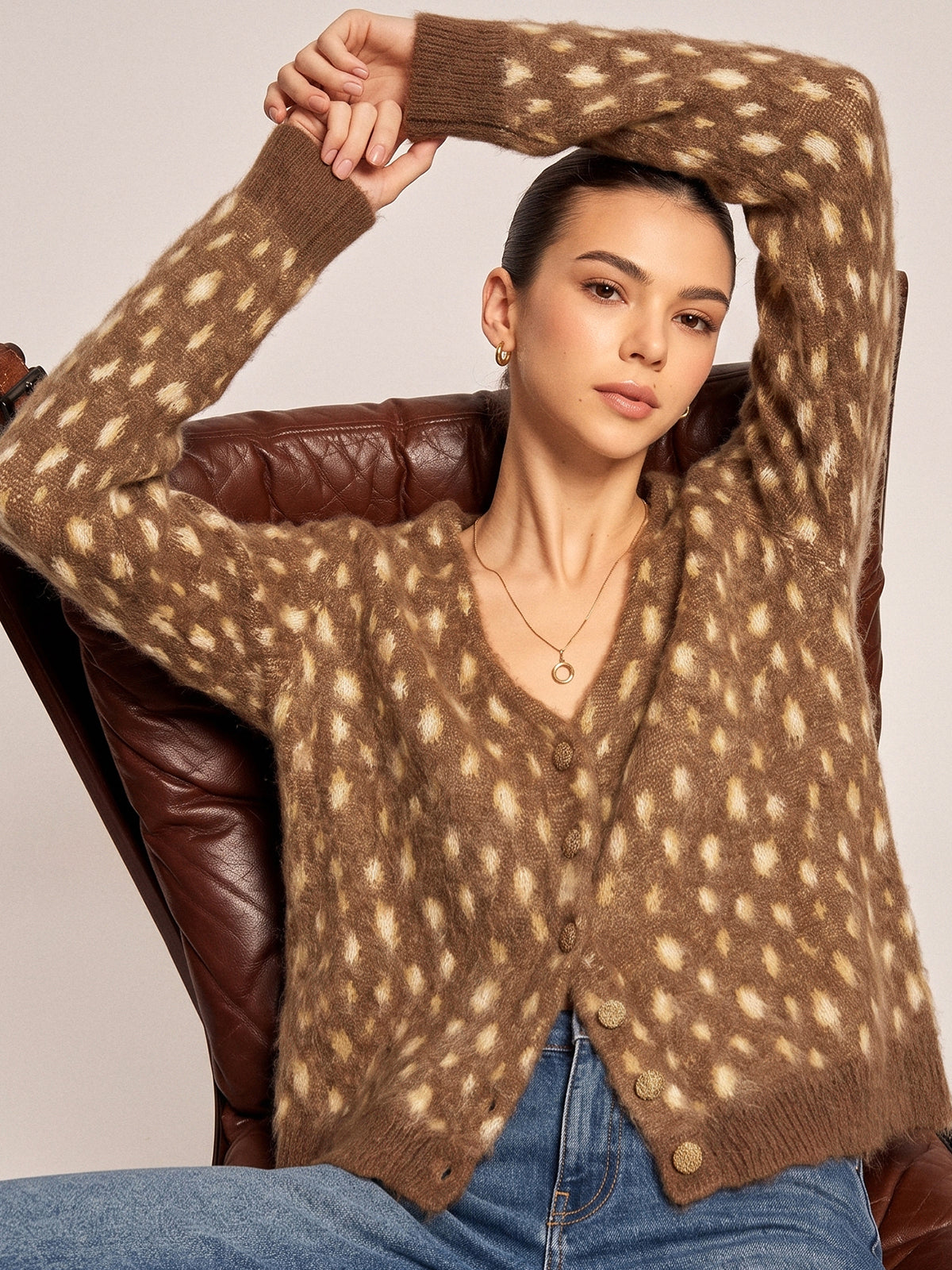 V Neck Spotted Fluffy Knit Cardigan Women's Cozy Winter Wear