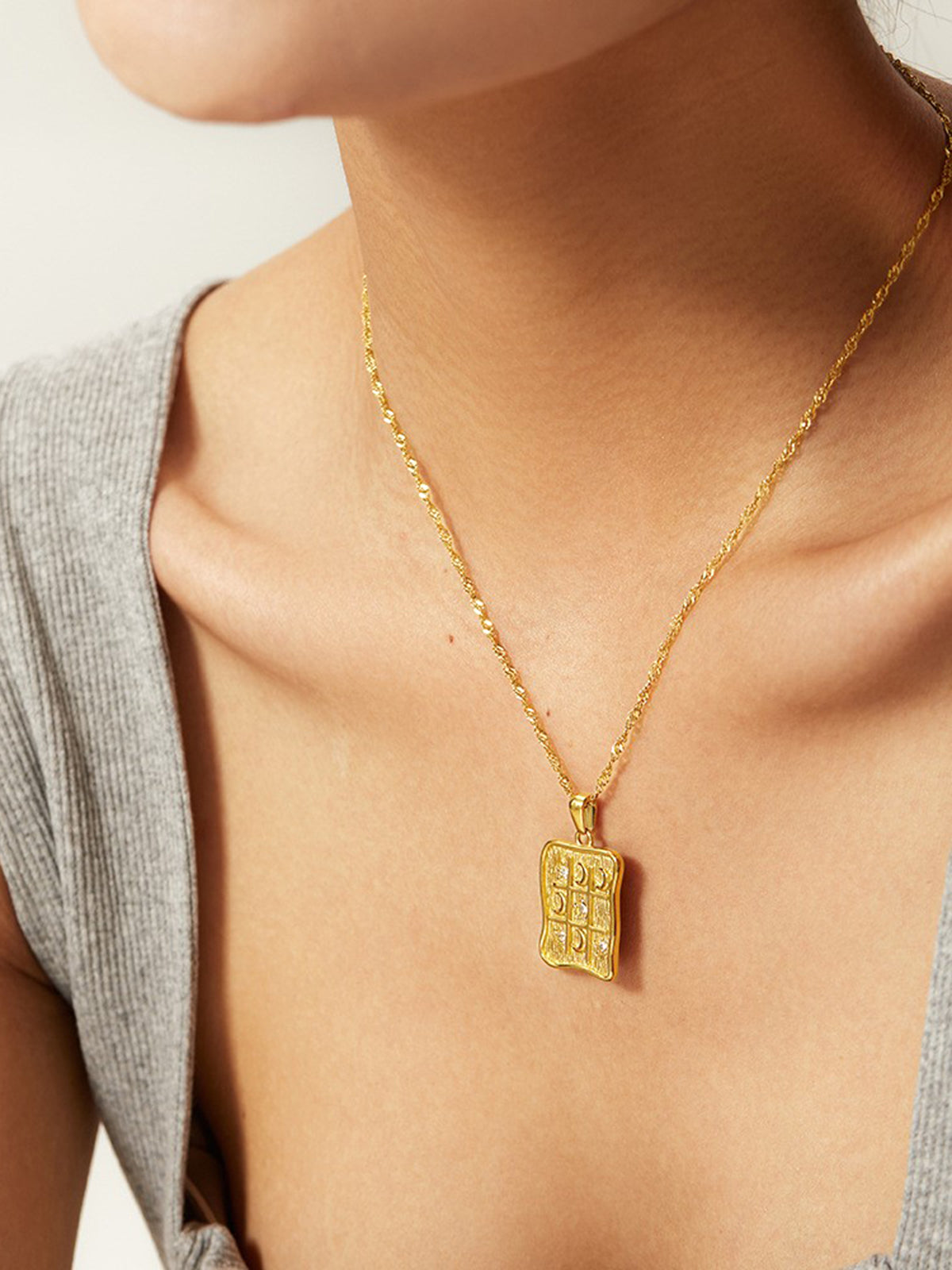 Star Moon Square Pendant Necklace with Celestial Charm Chain