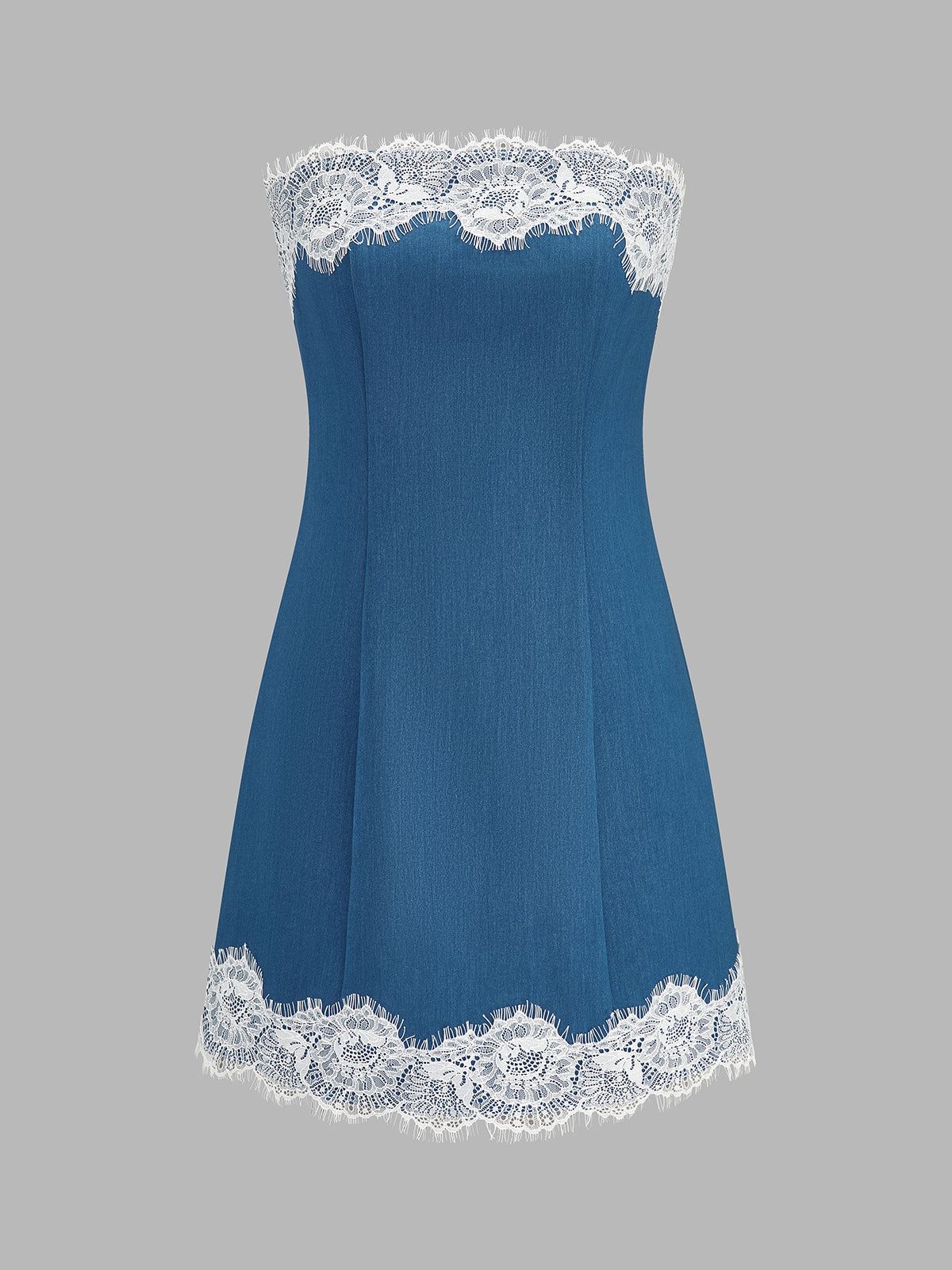 Strapless Lace Trim Mini Dress with Ruffled Hem Detail