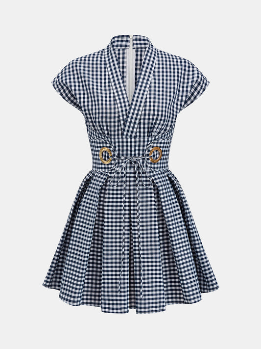 V-Neck Check Belted Mini Swing Dress for Women, Casual Summer Style