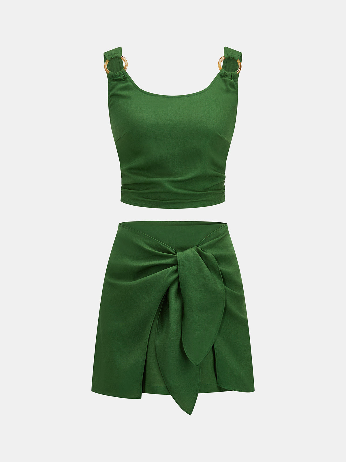 Linen Blend Two-Piece Skirt Set with Crop Top and Midi Skirt