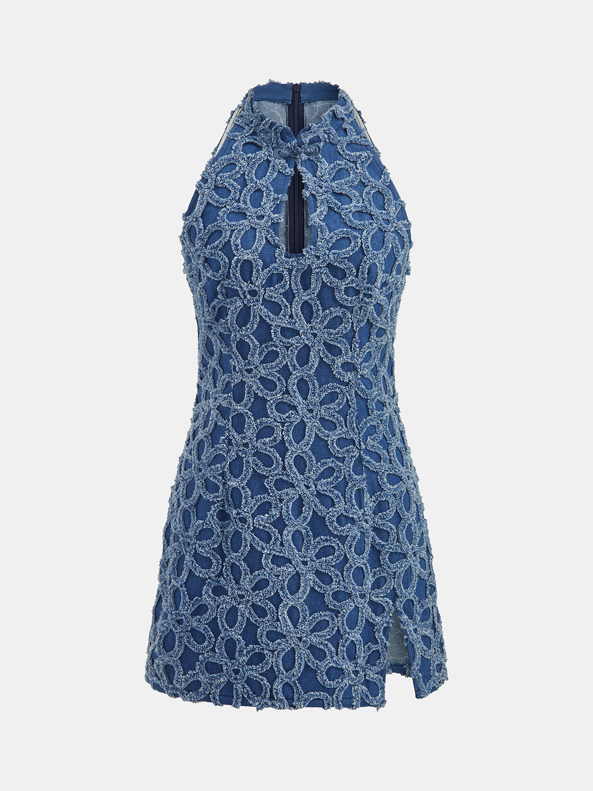 3D Floral Frog Button Denim Mini Dress with Puff Sleeves and Belted Waist