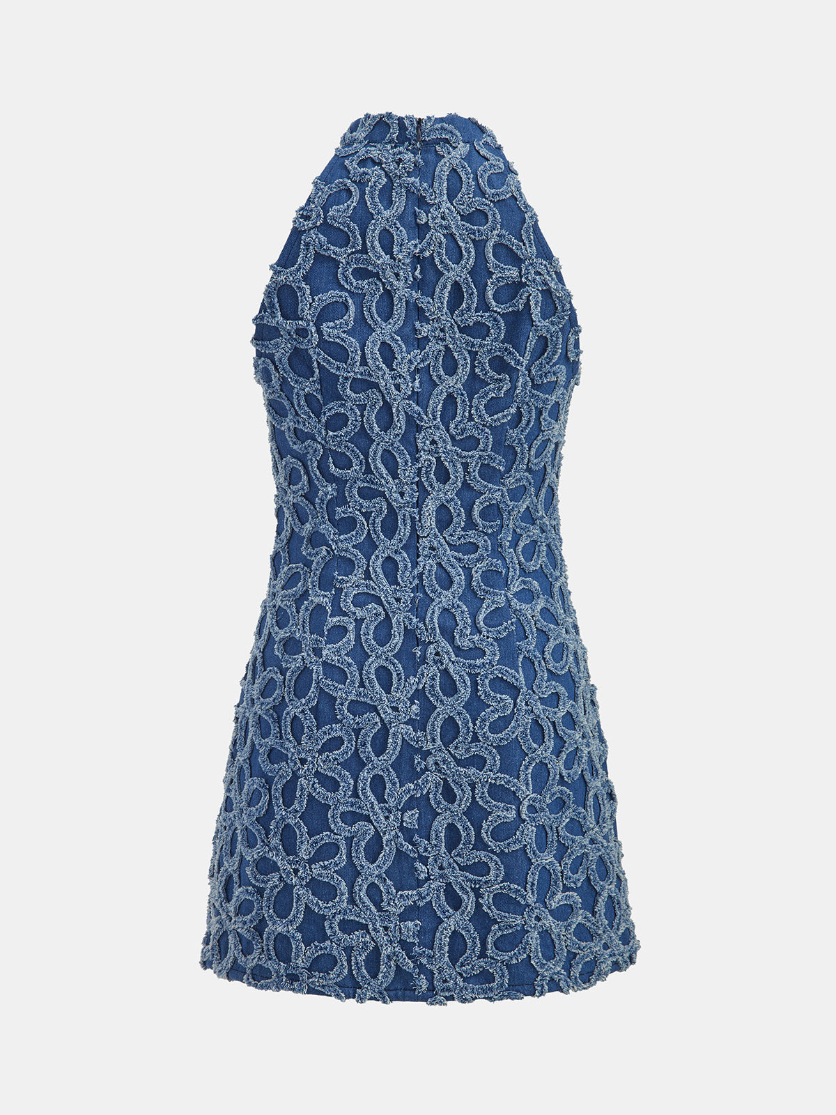 3D Floral Frog Button Denim Mini Dress with Puff Sleeves and Belted Waist