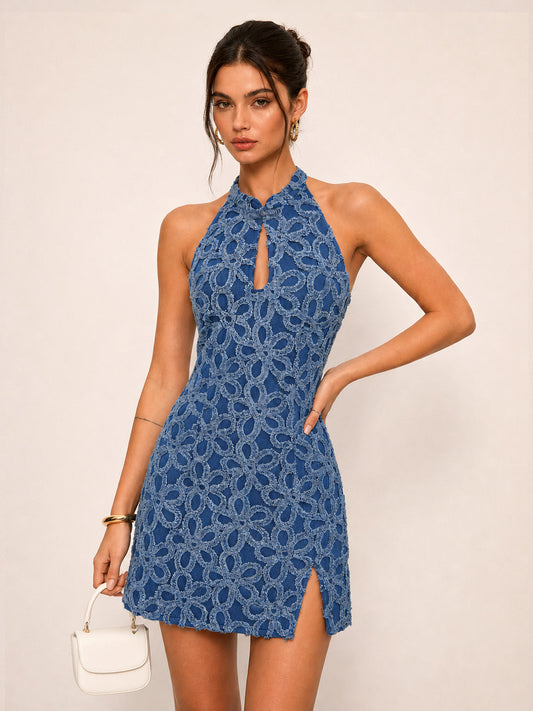 3D Floral Frog Button Denim Mini Dress with Puff Sleeves and Belted Waist
