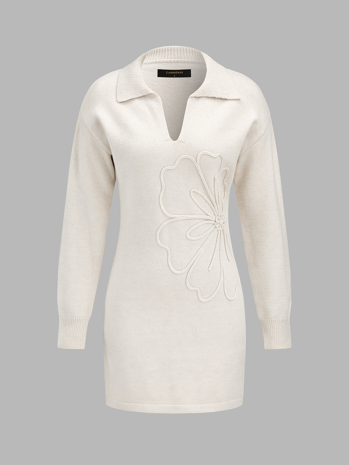 Floral Applique Polo Knit Mini Dress For Women Spring Collection
