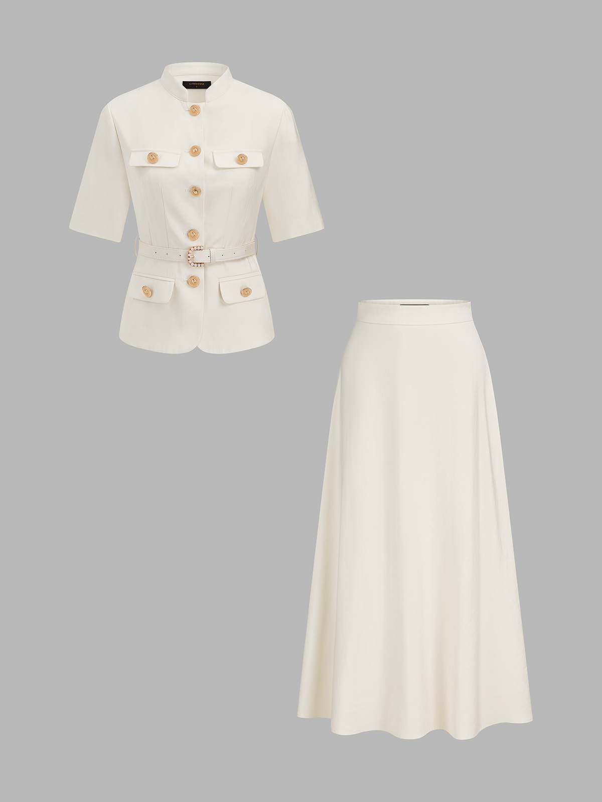 Stand Collar Belted Blouse & Midi Skirt Set - Women's Professional Office Wear