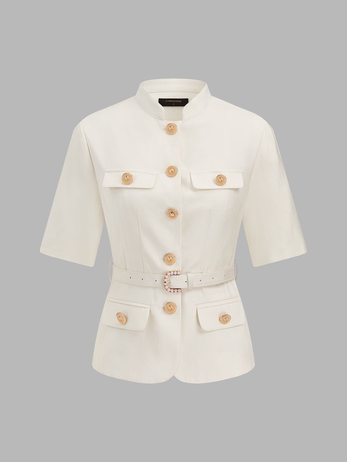 Stand Collar Belted Blouse & Midi Skirt Set - Women's Professional Office Wear