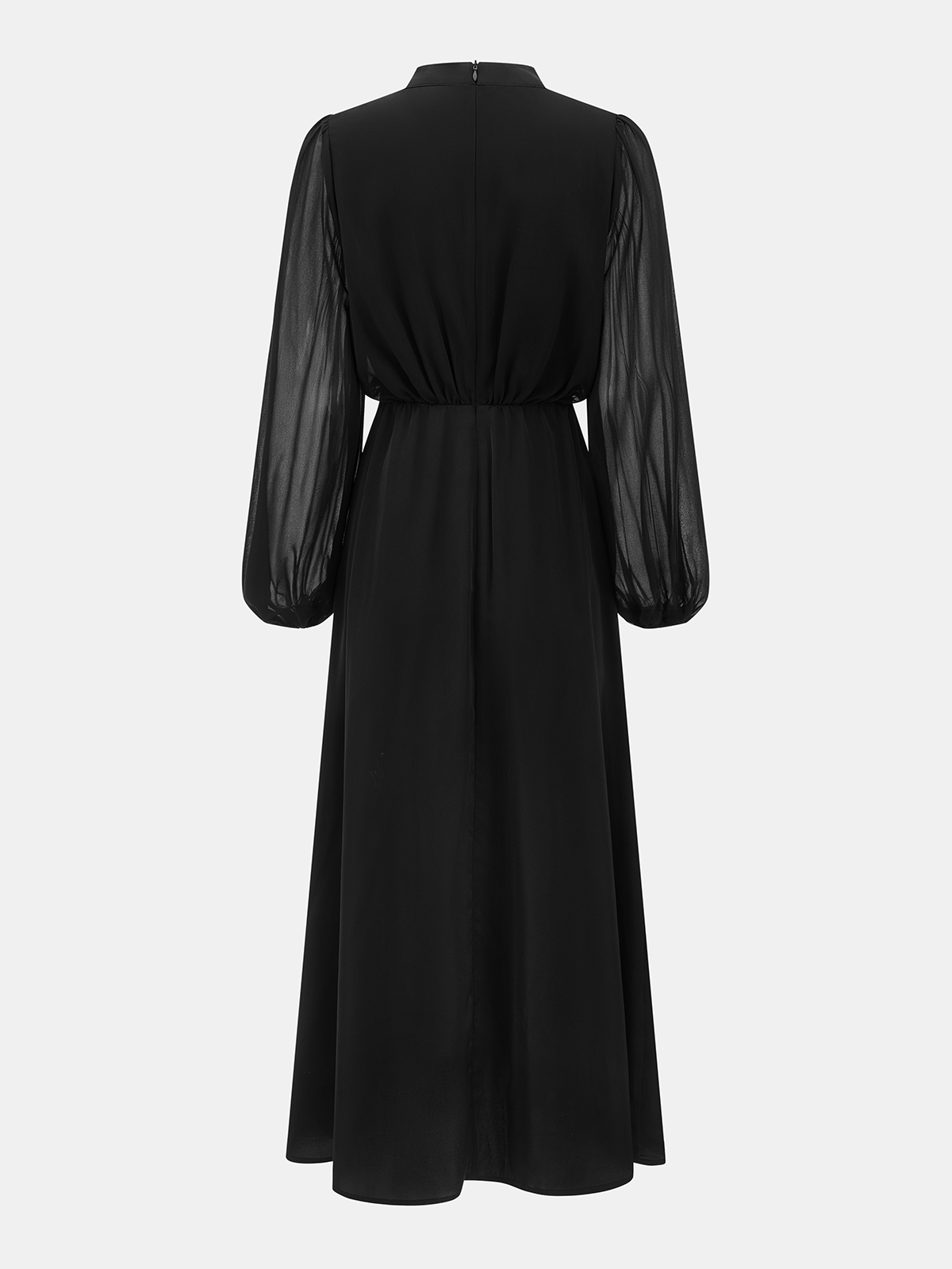 High Neck Sheer Puff Sleeve Slit Midi Dress for Elegant Evenings