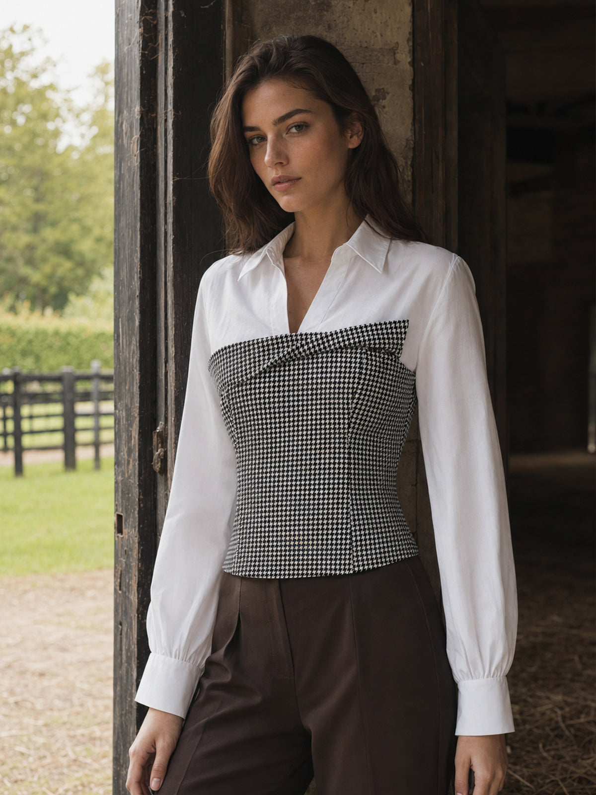 Houndstooth Spliced Collared Blouse for Women, Trendy Fall Top