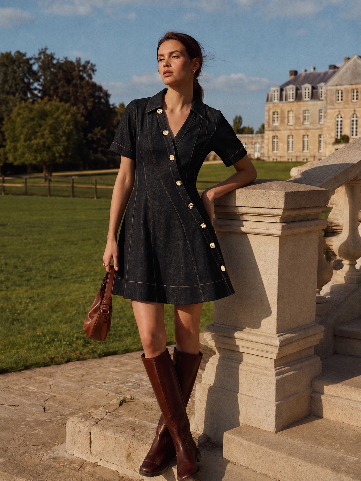 Diagonal Button Short-Sleeve Denim Flare Dress for Women Casual Summer Style