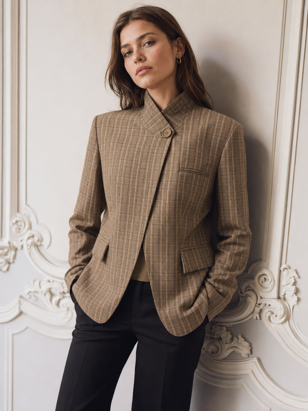 Stand Collar Asymmetric Plaid Blazer for Women Casual Workwear