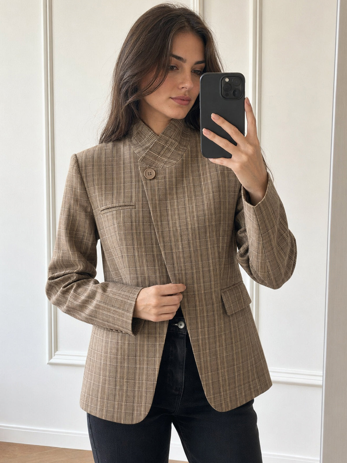 Stand Collar Asymmetric Plaid Blazer for Women Casual Workwear