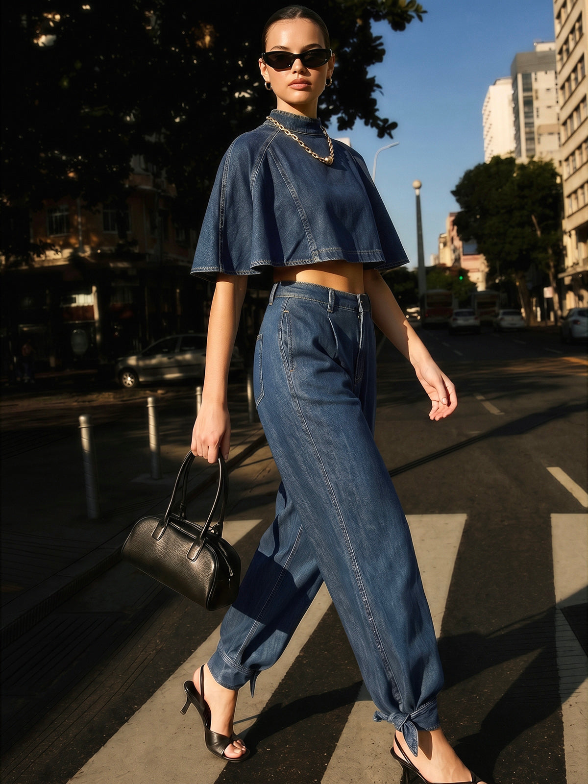 Mid Waist Tie Cuff Denim Pants for Women Casual Stretch Fit