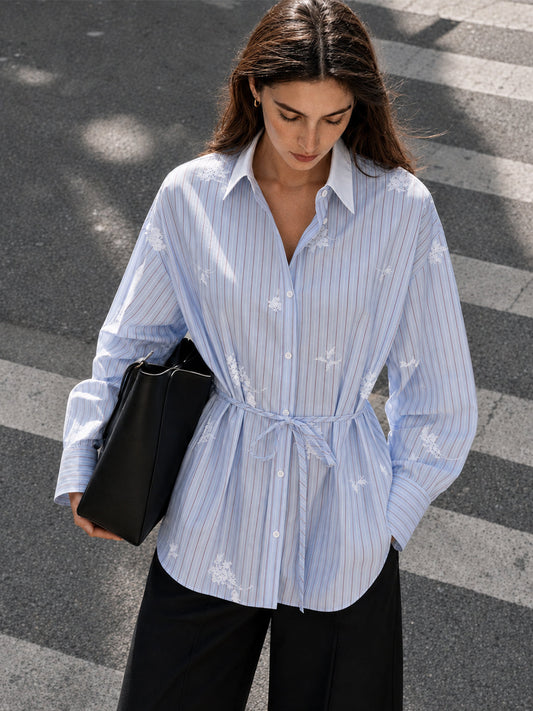 3D Flower Embroidery Striped Shirt: Fashionable Long Sleeve Casual Top