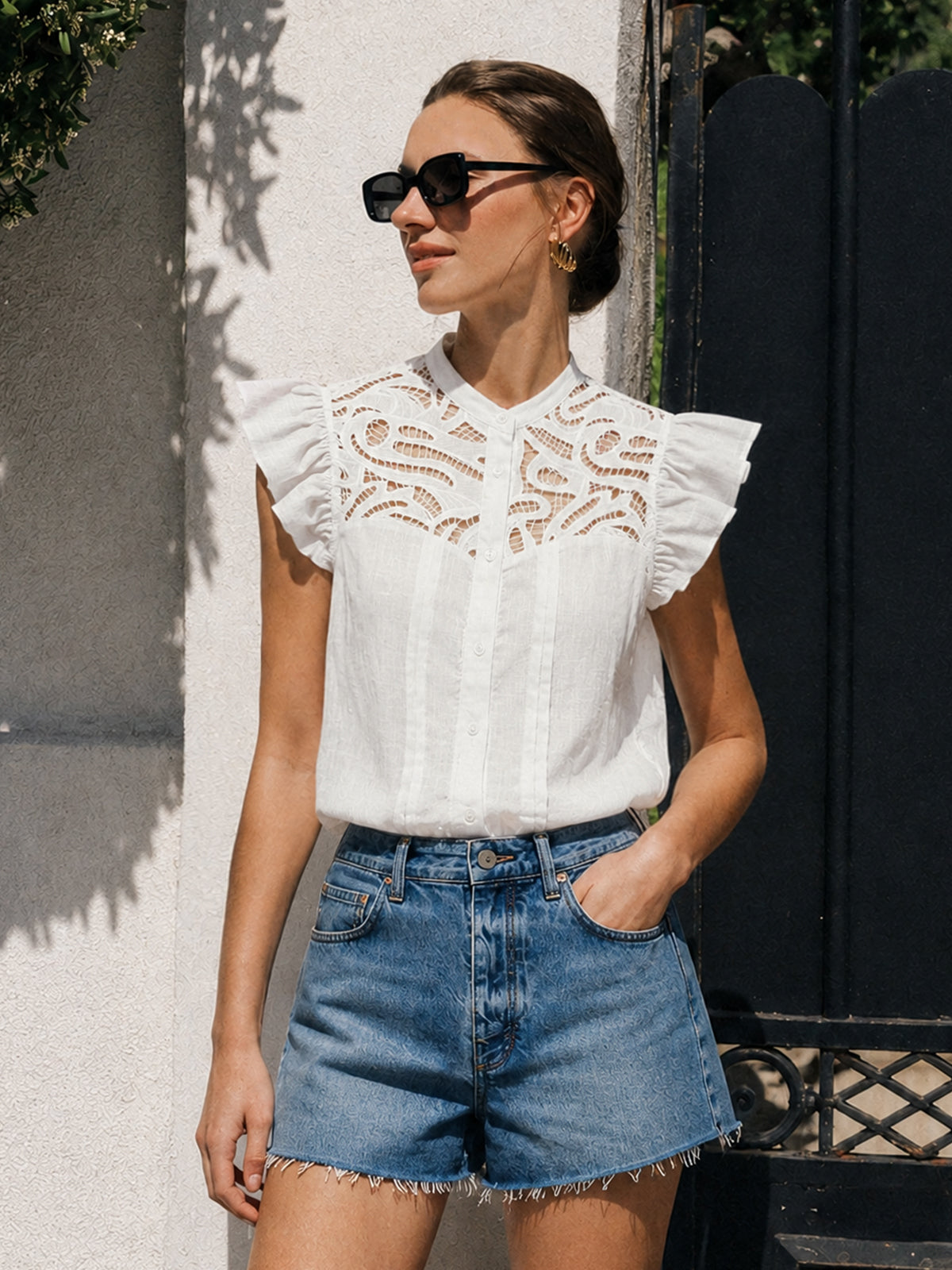 Lace Patch Flutter Sleeve White Cotton Blouse for Elegant Summer Wear