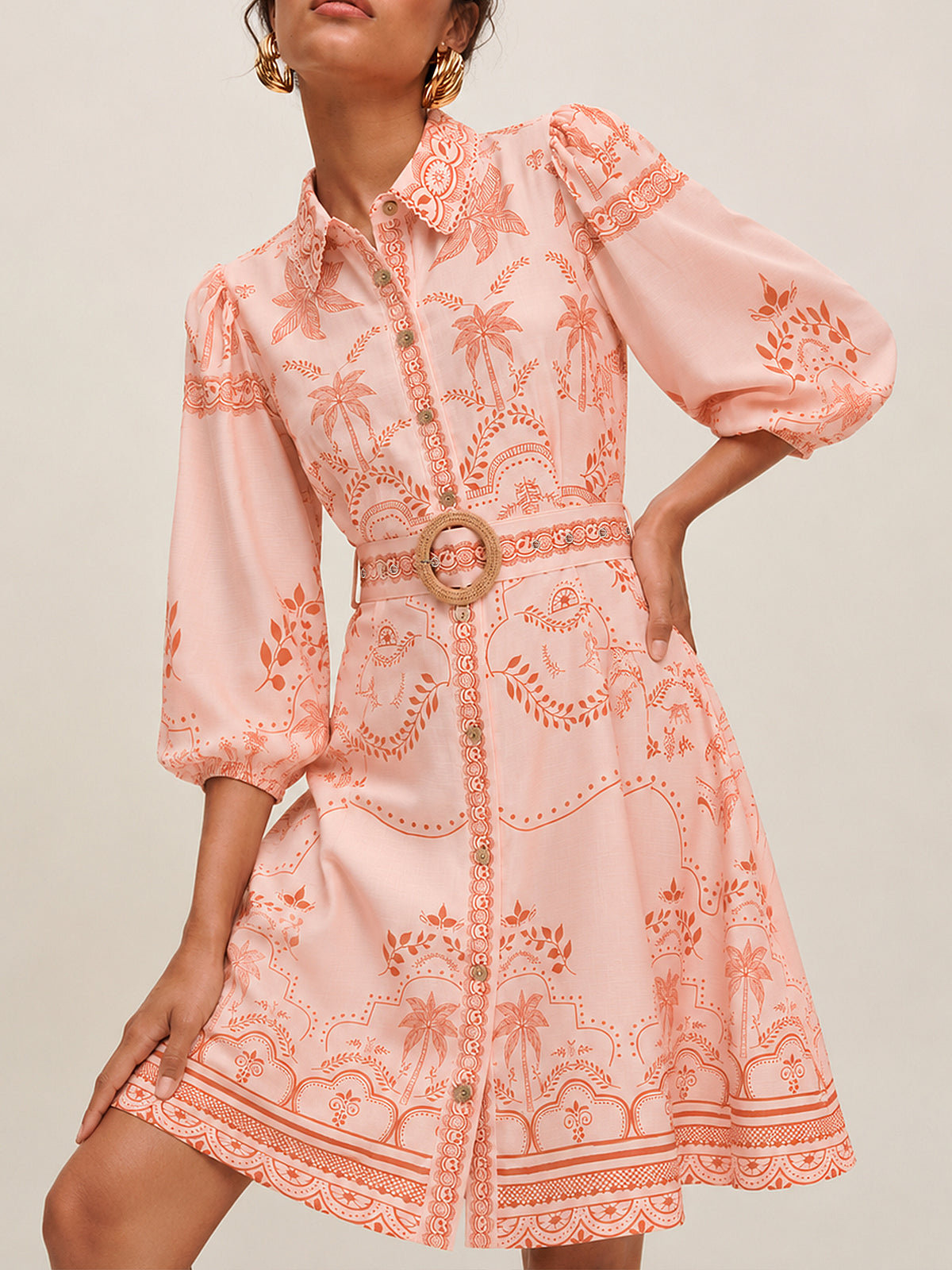 Tropical Print Belted Shirt Dress with Lightweight Fabric