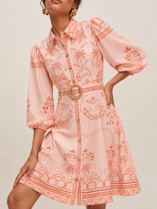Tropical Print Belted Shirt Dress with Lightweight Fabric