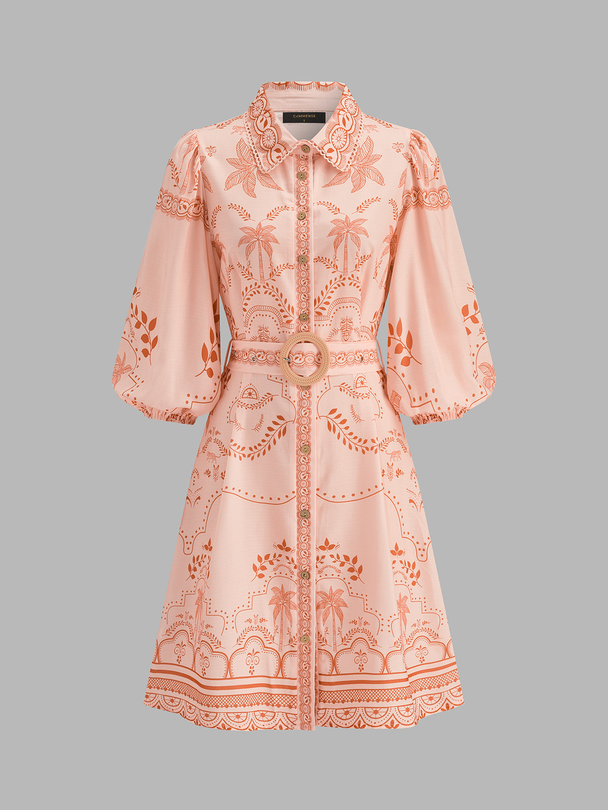 Tropical Print Belted Shirt Dress with Lightweight Fabric