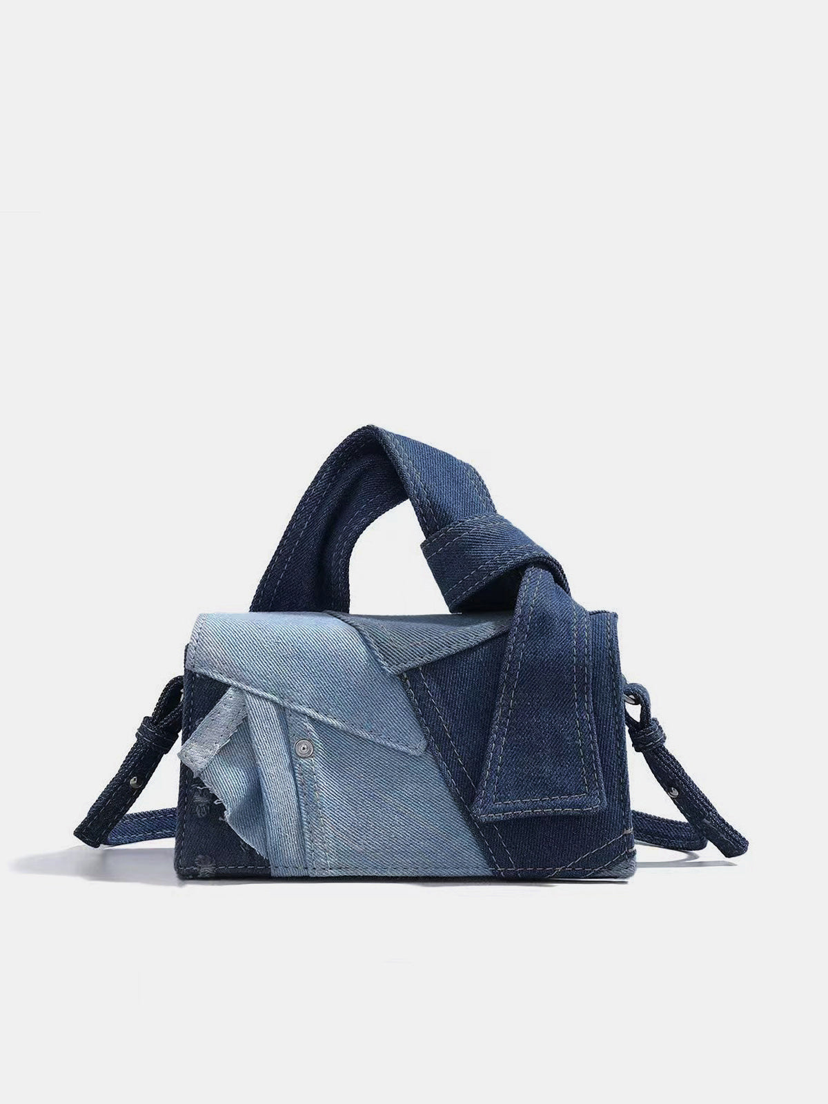 Patchwork Denim Knotted Crossbody Handbag with Adjustable Strap