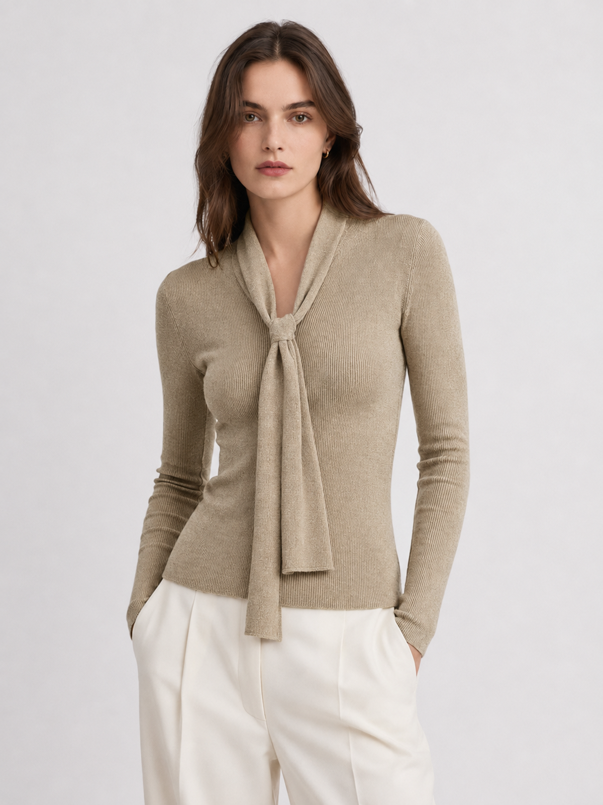 Tie Neck Ribbed Long Sleeve Knit Top - Women's Casual Fall Fashion