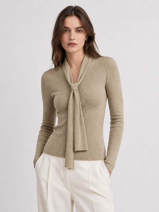 Tie Neck Ribbed Long Sleeve Knit Top - Women's Casual Fall Fashion