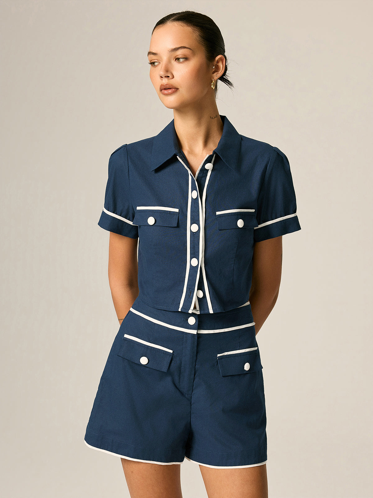 Contrast Trim Cotton Linen Two Piece Shorts Set with Breathable Fabric Design