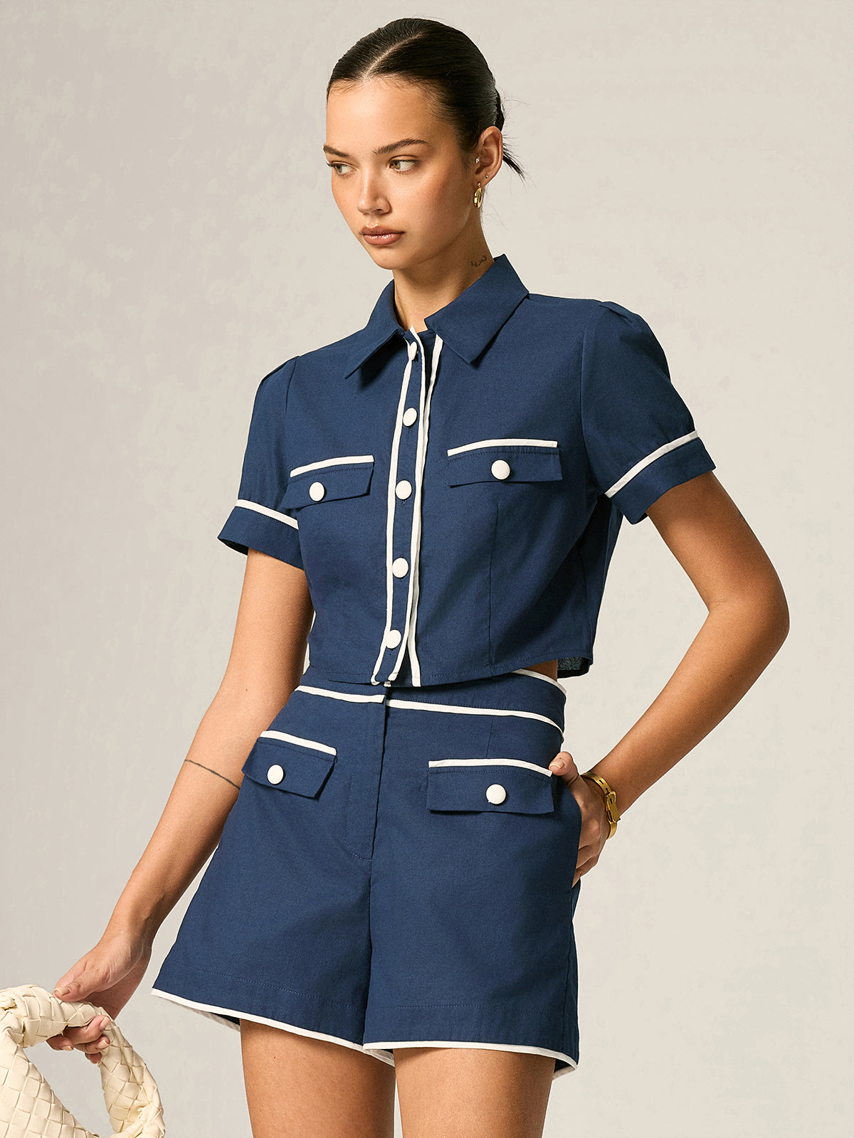 Contrast Trim Cotton Linen Two Piece Shorts Set with Breathable Fabric Design