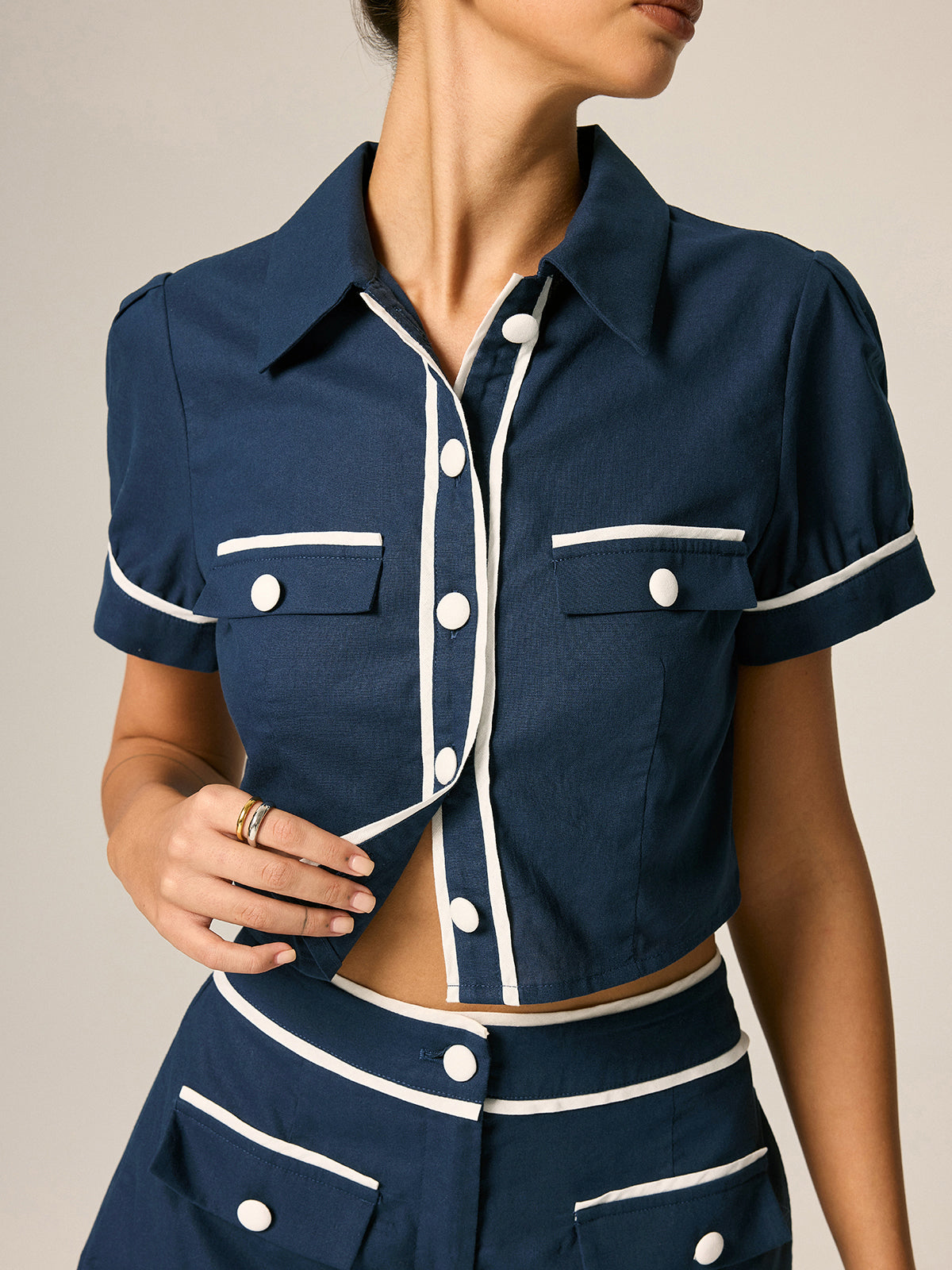Contrast Trim Cotton Linen Two Piece Shorts Set with Breathable Fabric Design