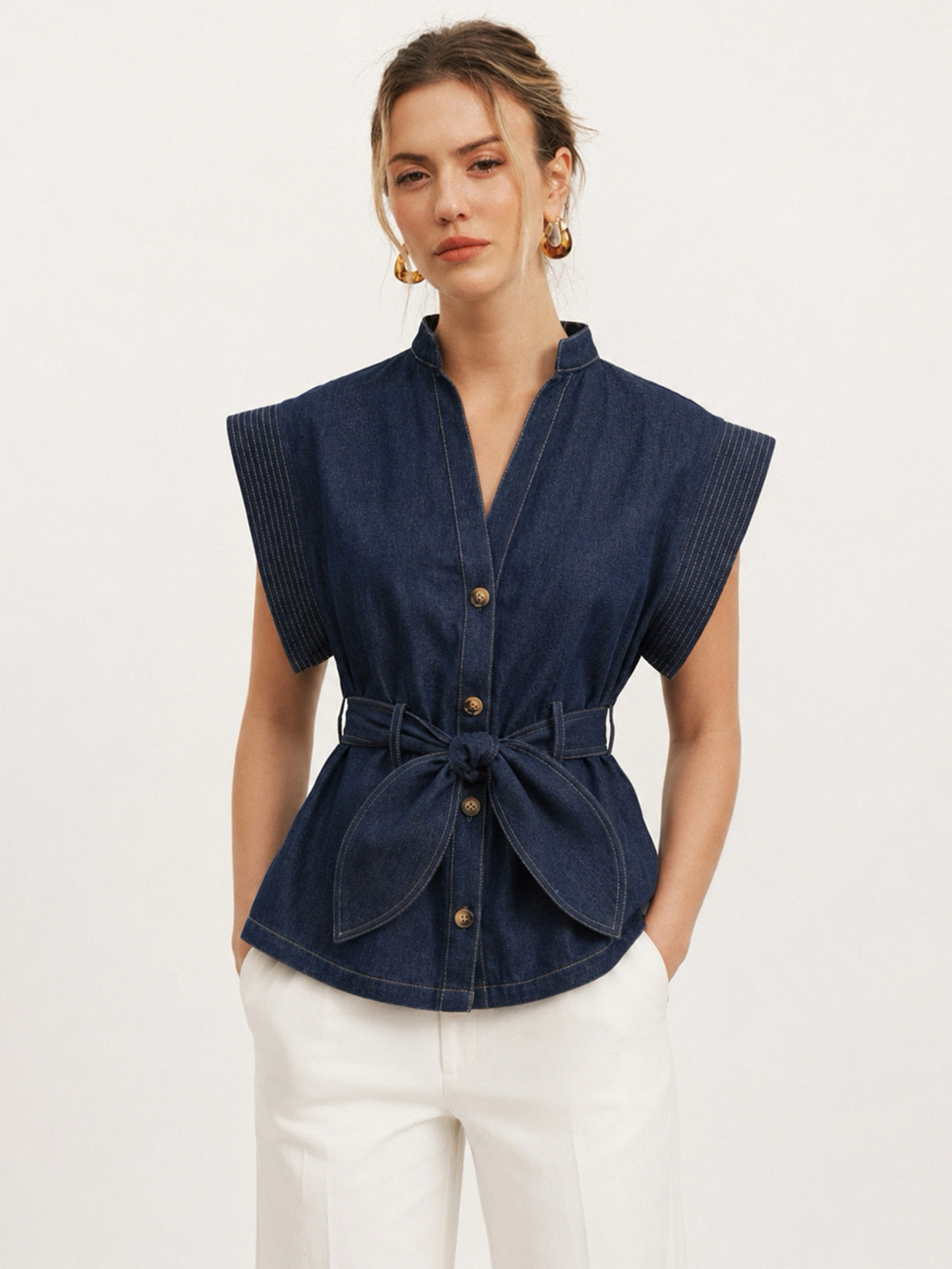 Sleeveless Button Front Belted Denim Blouse Casual Summer Fashion Women