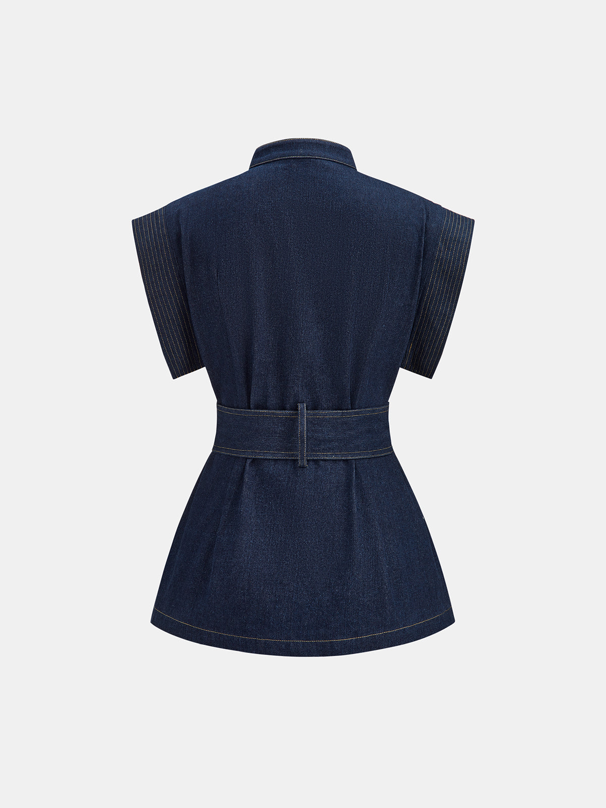 Sleeveless Button Front Belted Denim Blouse Casual Summer Fashion Women