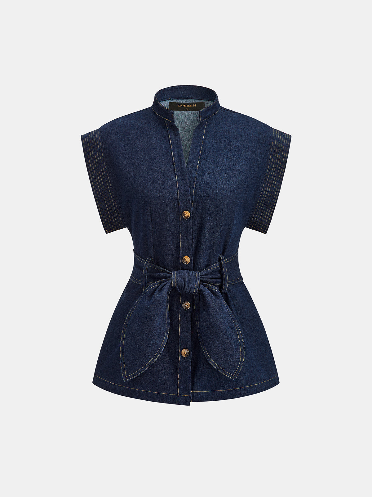 Sleeveless Button Front Belted Denim Blouse Casual Summer Fashion Women
