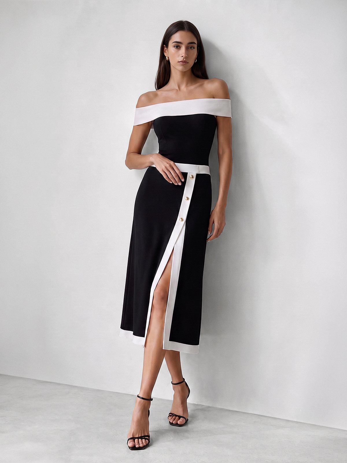 Off Shoulder Button Split Midi Dress With Belted Waist for Women