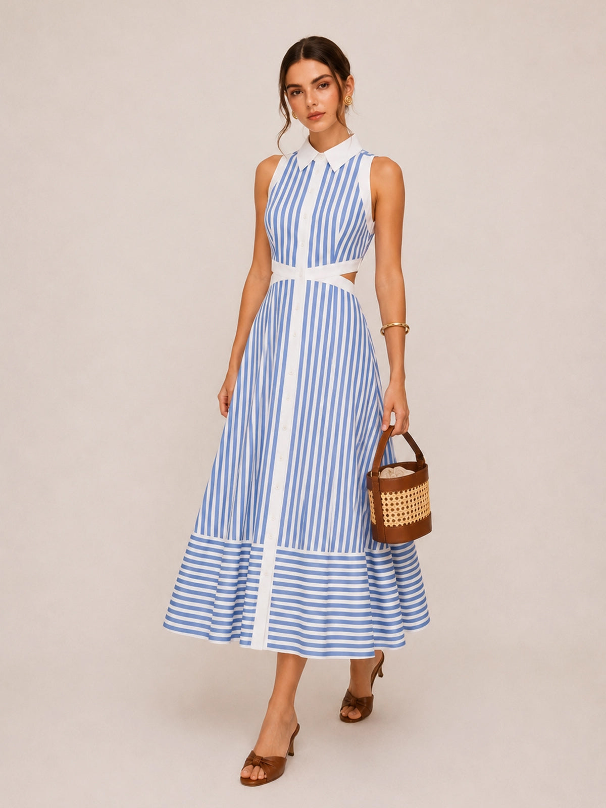 Striped Cut-Out Shirt Midi Dress with Belted Waist Tie