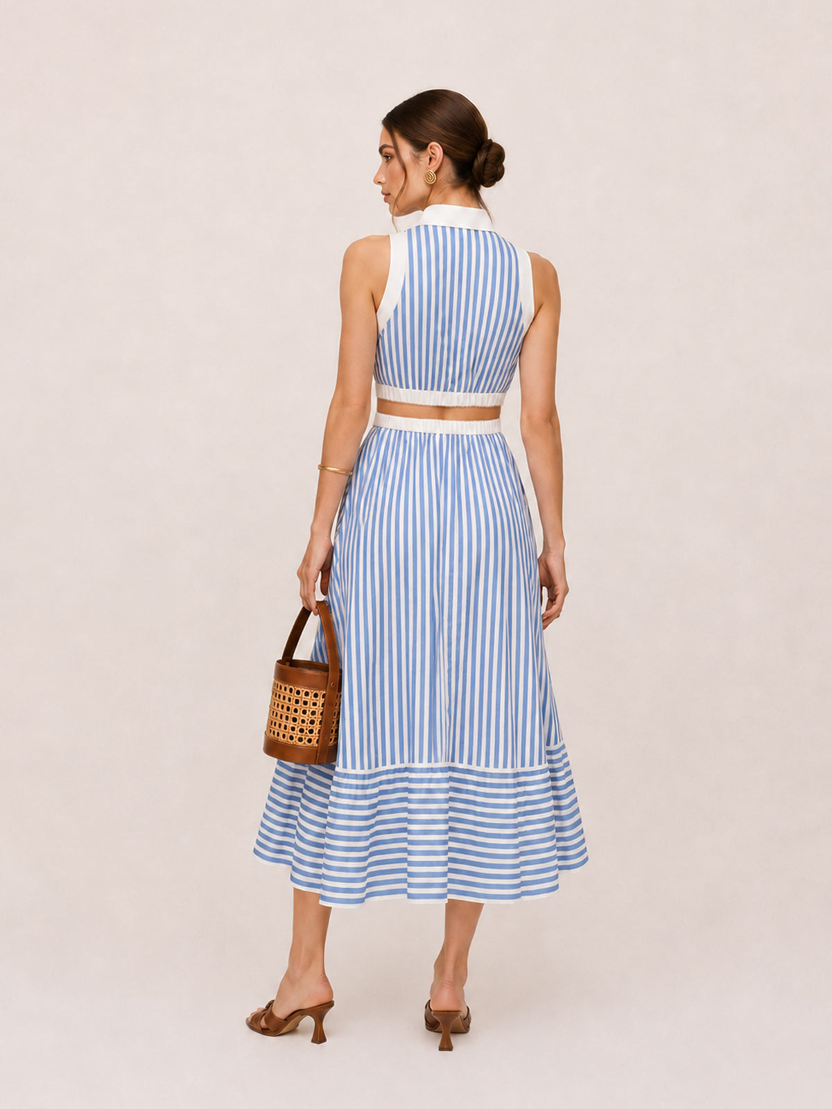 Striped Cut-Out Shirt Midi Dress with Belted Waist Tie