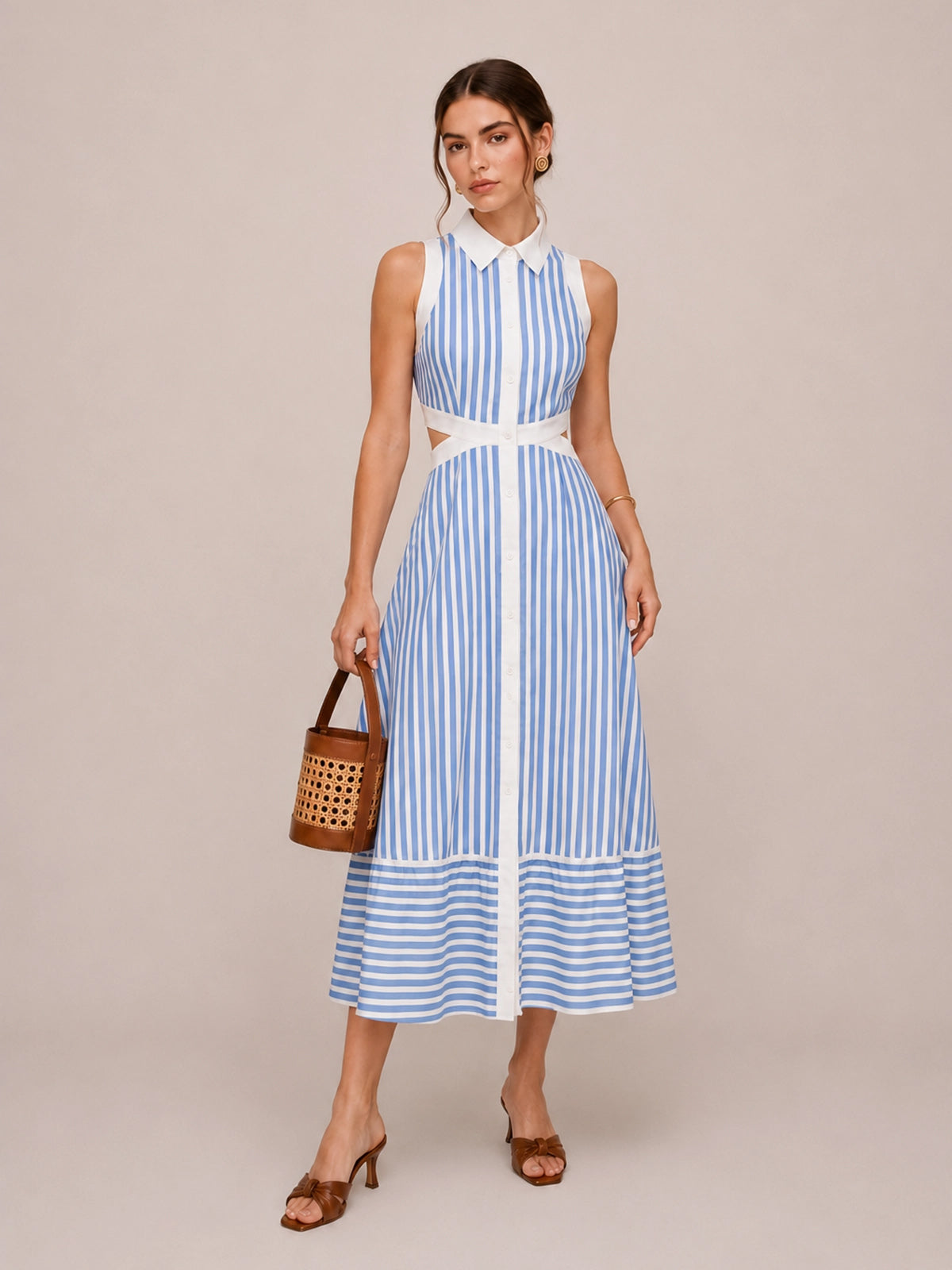 Striped Cut-Out Shirt Midi Dress with Belted Waist Tie