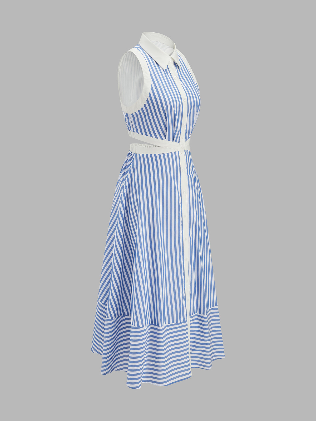 Striped Cut-Out Shirt Midi Dress with Belted Waist Tie