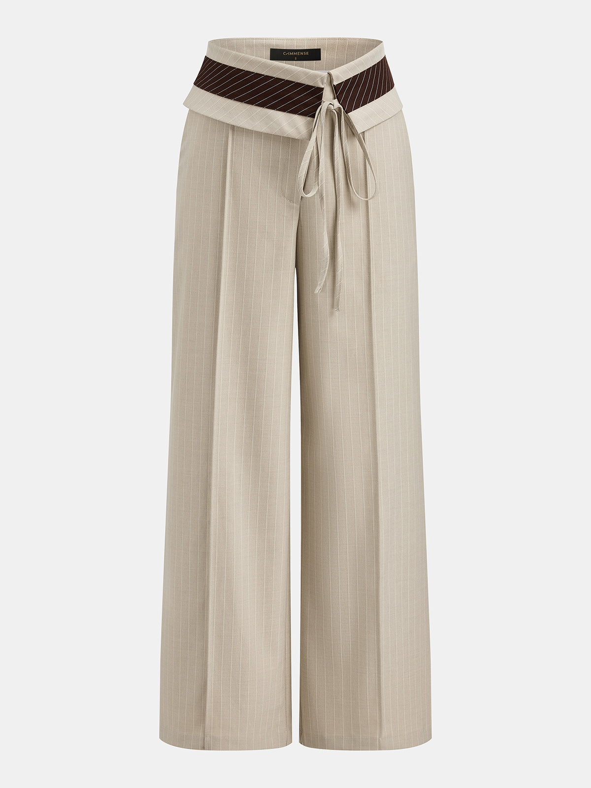 Fold Over Waist Pinstripe Wide Leg Pants - Comfortable High Waist Design