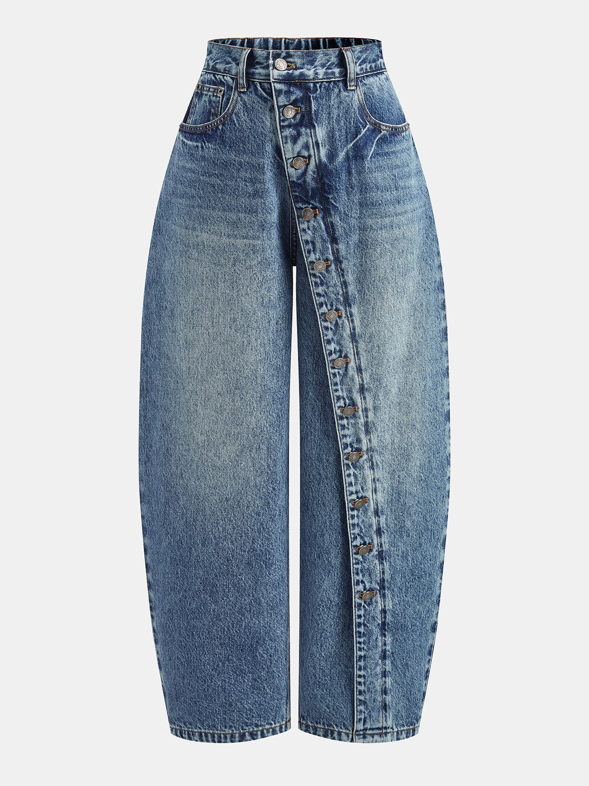 Diagonal Button High Waist Barrel Jeans Women's Casual Trendy Denim