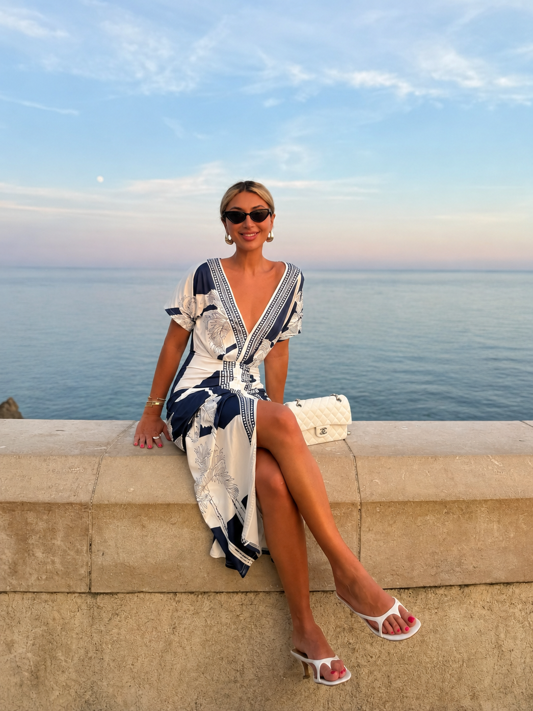 Printed Deep V-Neck Midi Dress Without Belt for Women Casual Spring