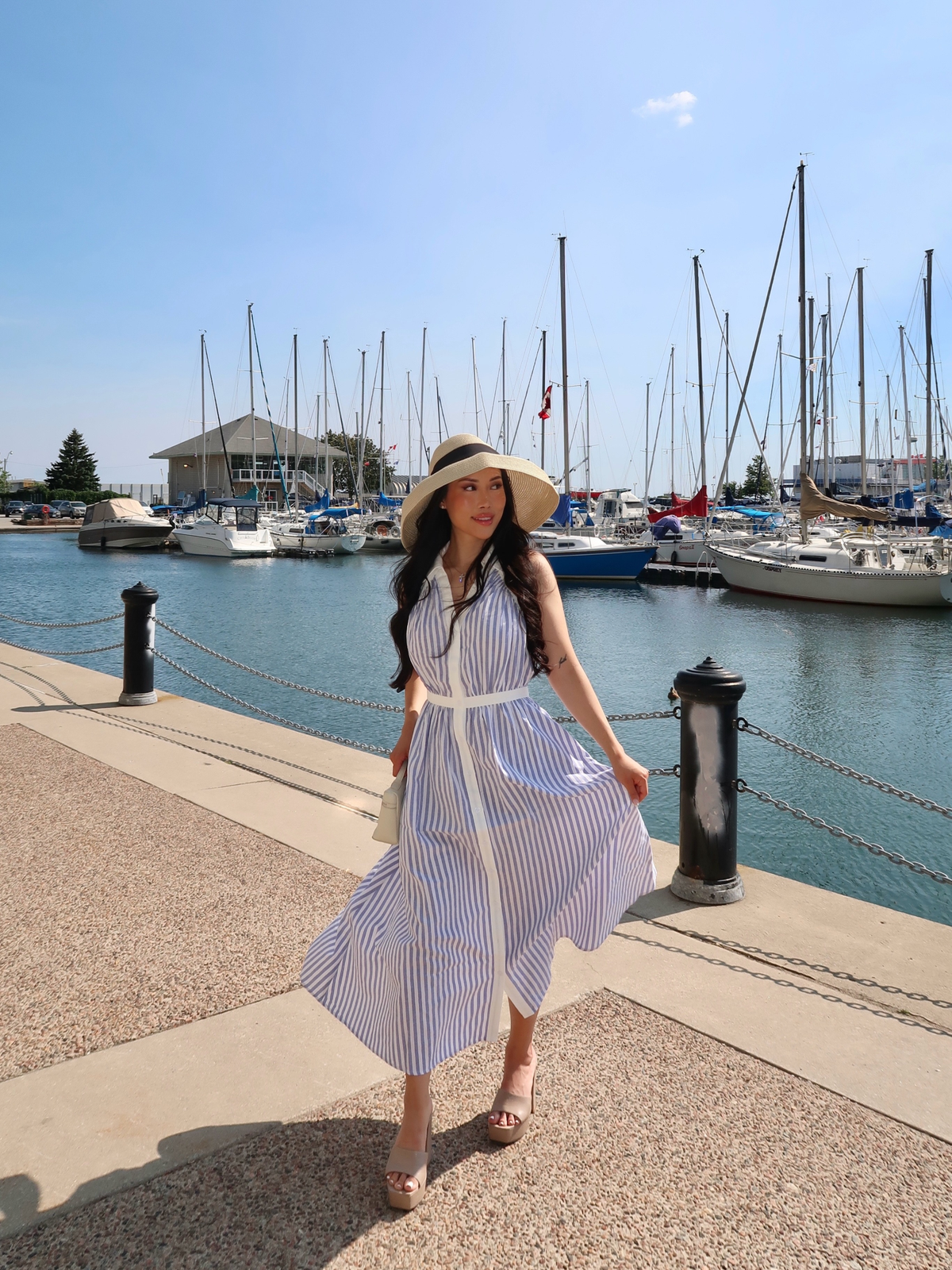 Striped Cotton Blend Collared Halter Midi Dress with Side Pockets and Belt