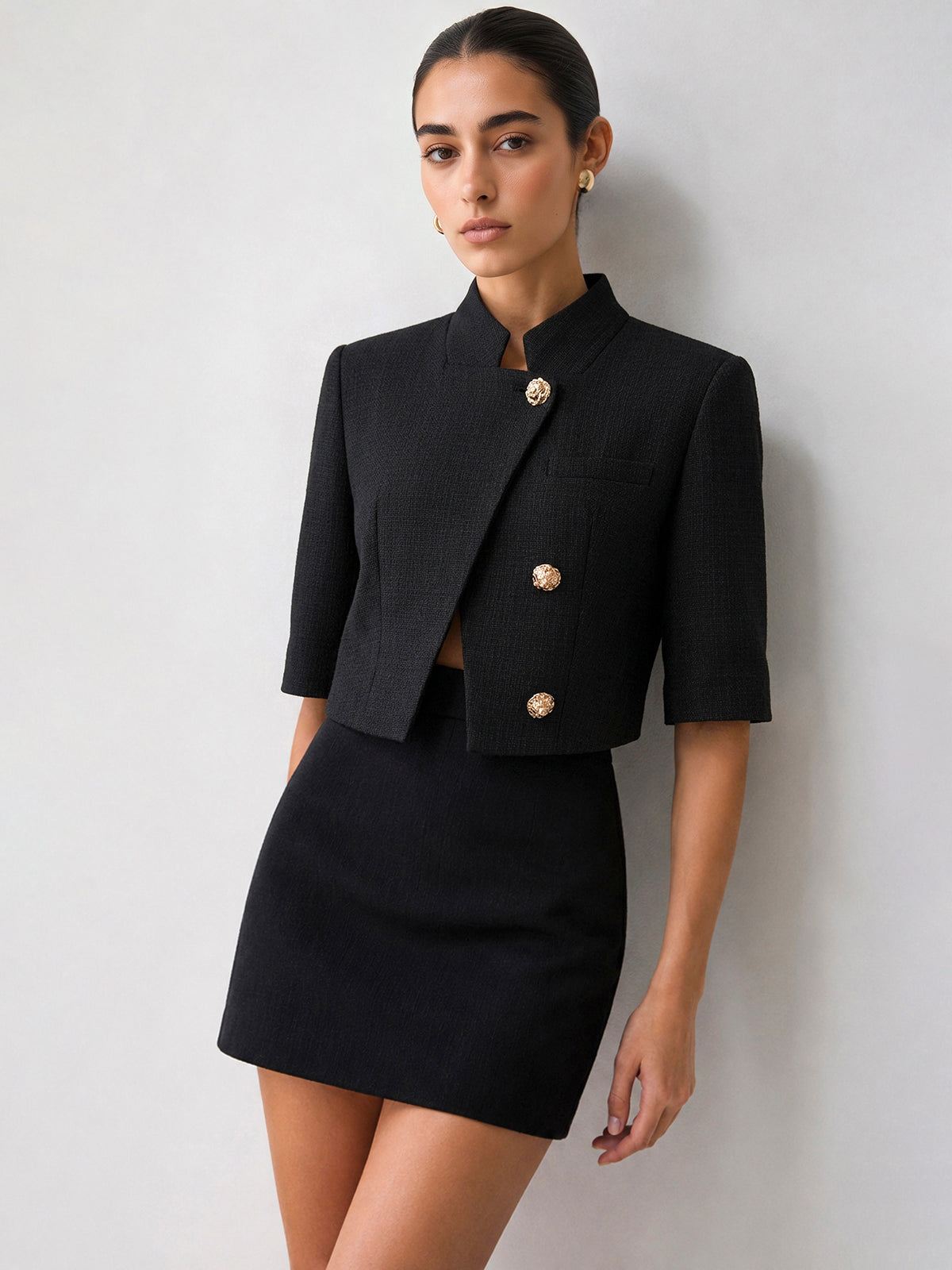 Stand Collar Metal Button Blazer for Women Elegant Workwear