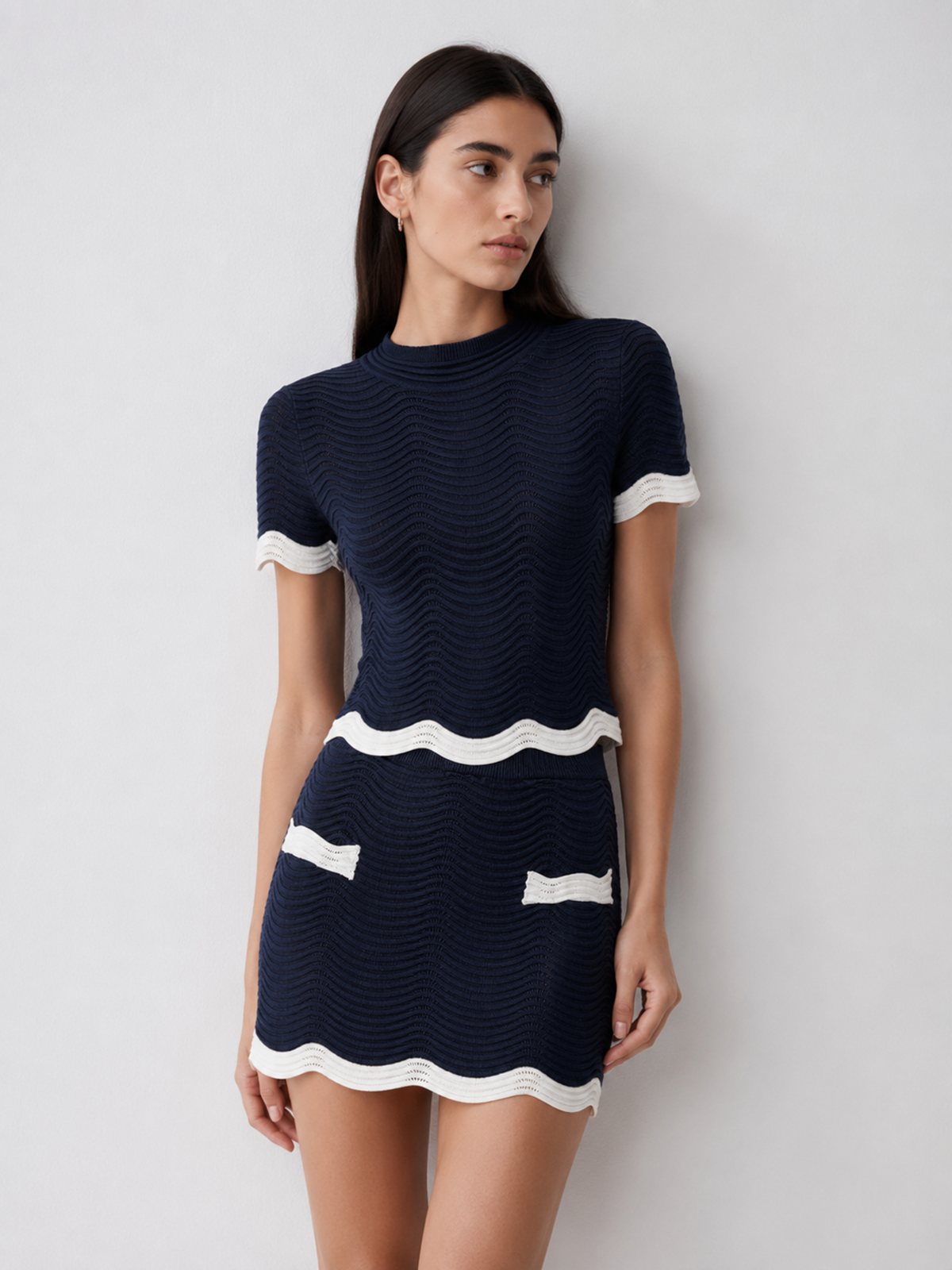 Contrast Trim Wavy Knit Stylish Two Piece Skirt Set Perfect for Summer