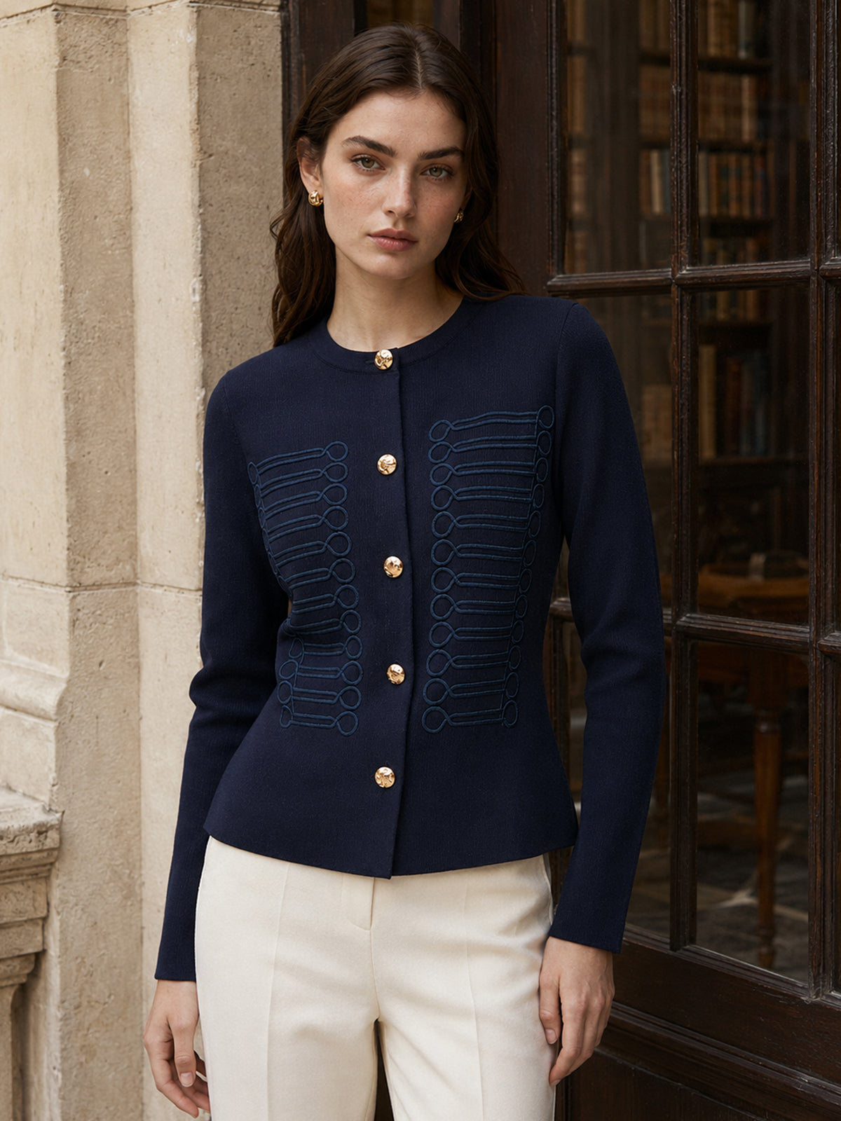 Military Braid Embellished Knit Cardigan with Button Details