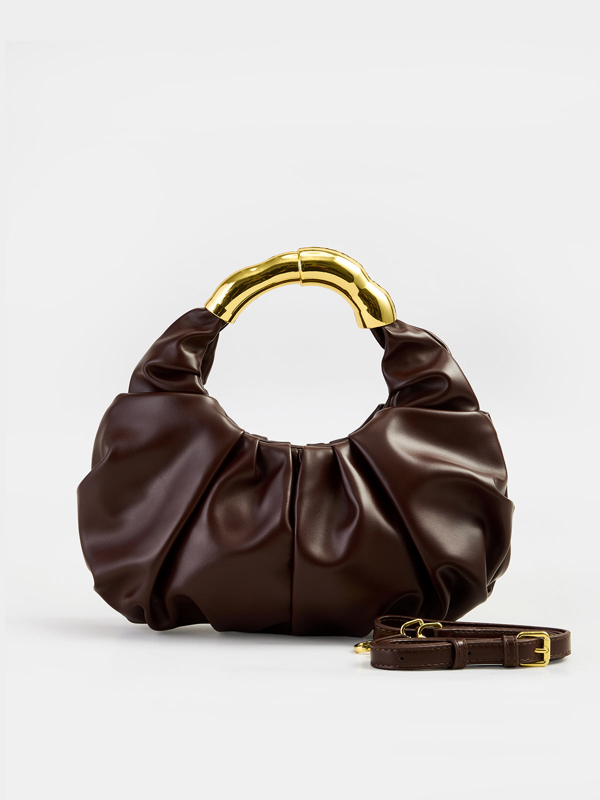 Ruched Metal Handle Handbag with Adjustable Strap Fashion Accessory